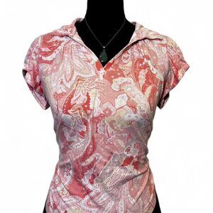 Pink paisley print blouse with short sleeves and tie neck